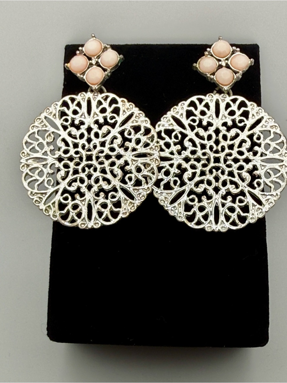 Charming Charlie Silver Filigree Drop Earrings with Pale Pink Cabochons